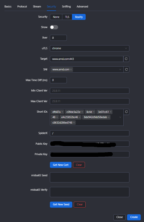 Security 页面 Reality 配置